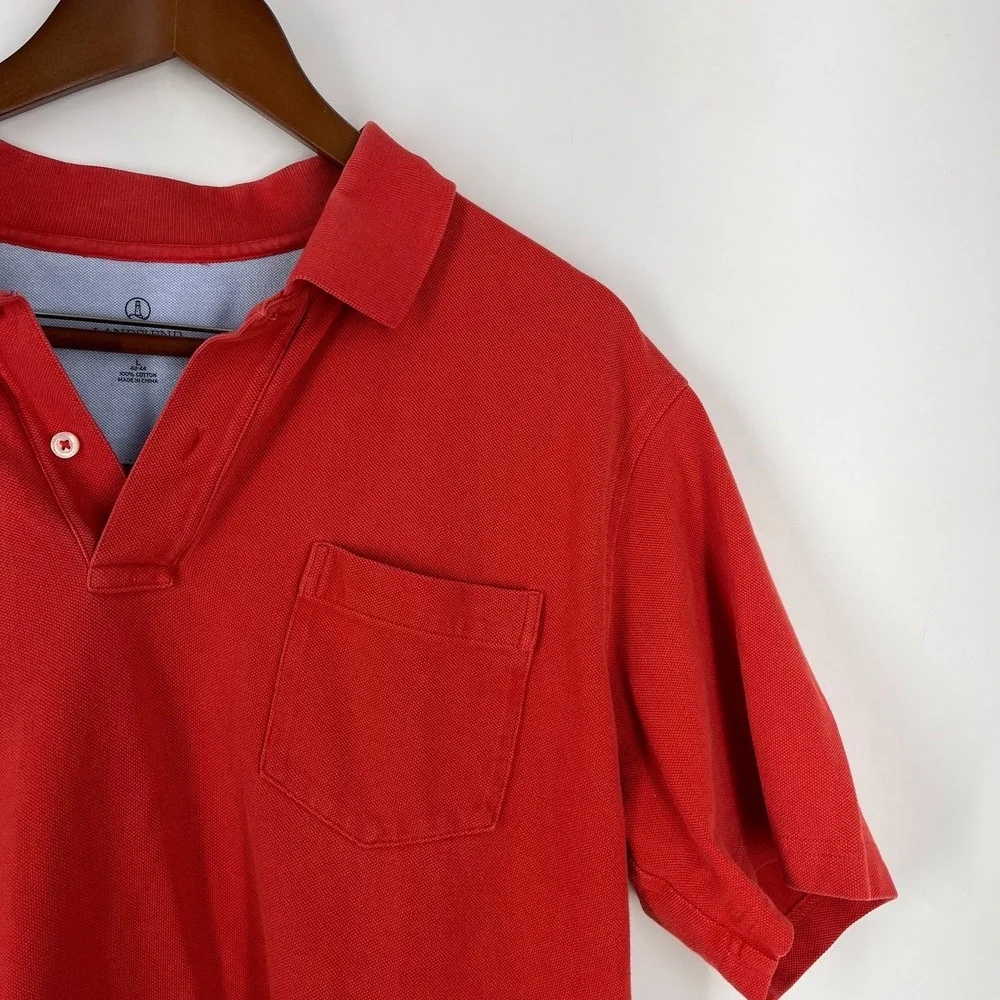 Lands End Mens Red Pique Cotton Short Sleeve Polo Shirt with Pocket Size L 42-44